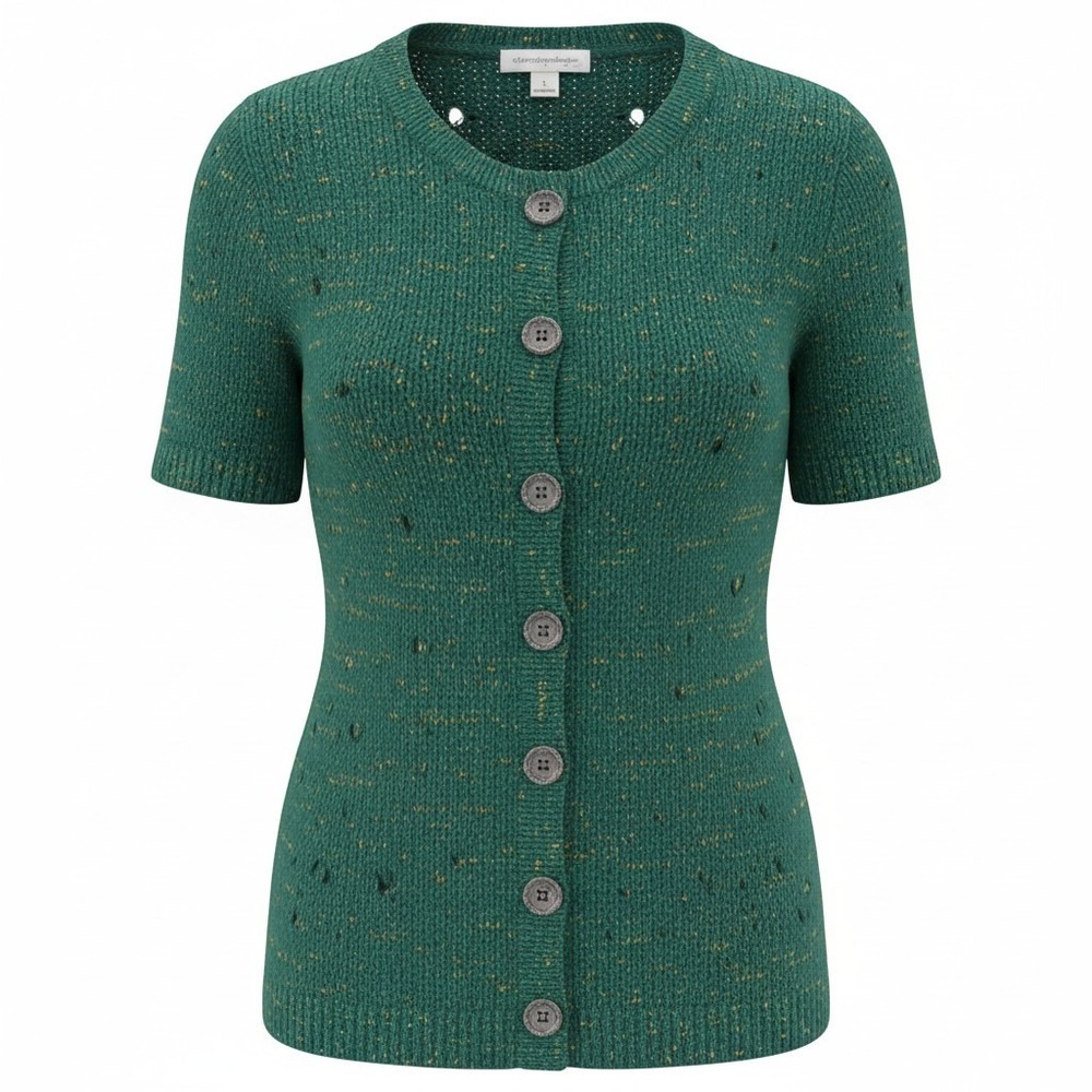 Christopher & Banks Womens Teal Green Marl Knit Short Sleeve Cardigan Sweater Lg